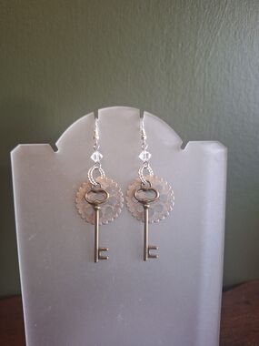 Brass Skeleton Key & Gear Drop Earrings - Mixed Metal